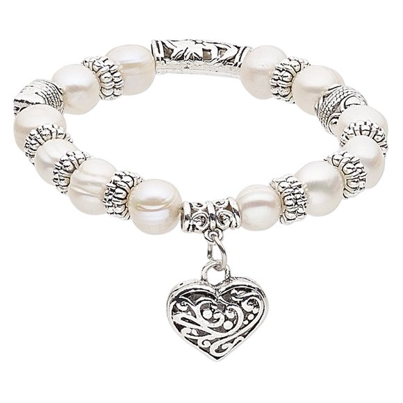 Heart Pearl Bracelet, stretchy 6-1/2 inches - Picture 2 of 2